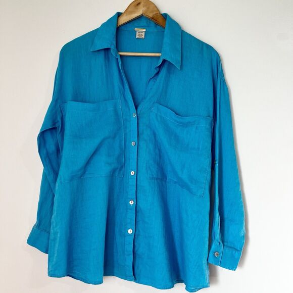 magaschoni Tops - Magaschoni Turquoise Blue Button Up Shirt 100% Linen Boxy Women’s XS
